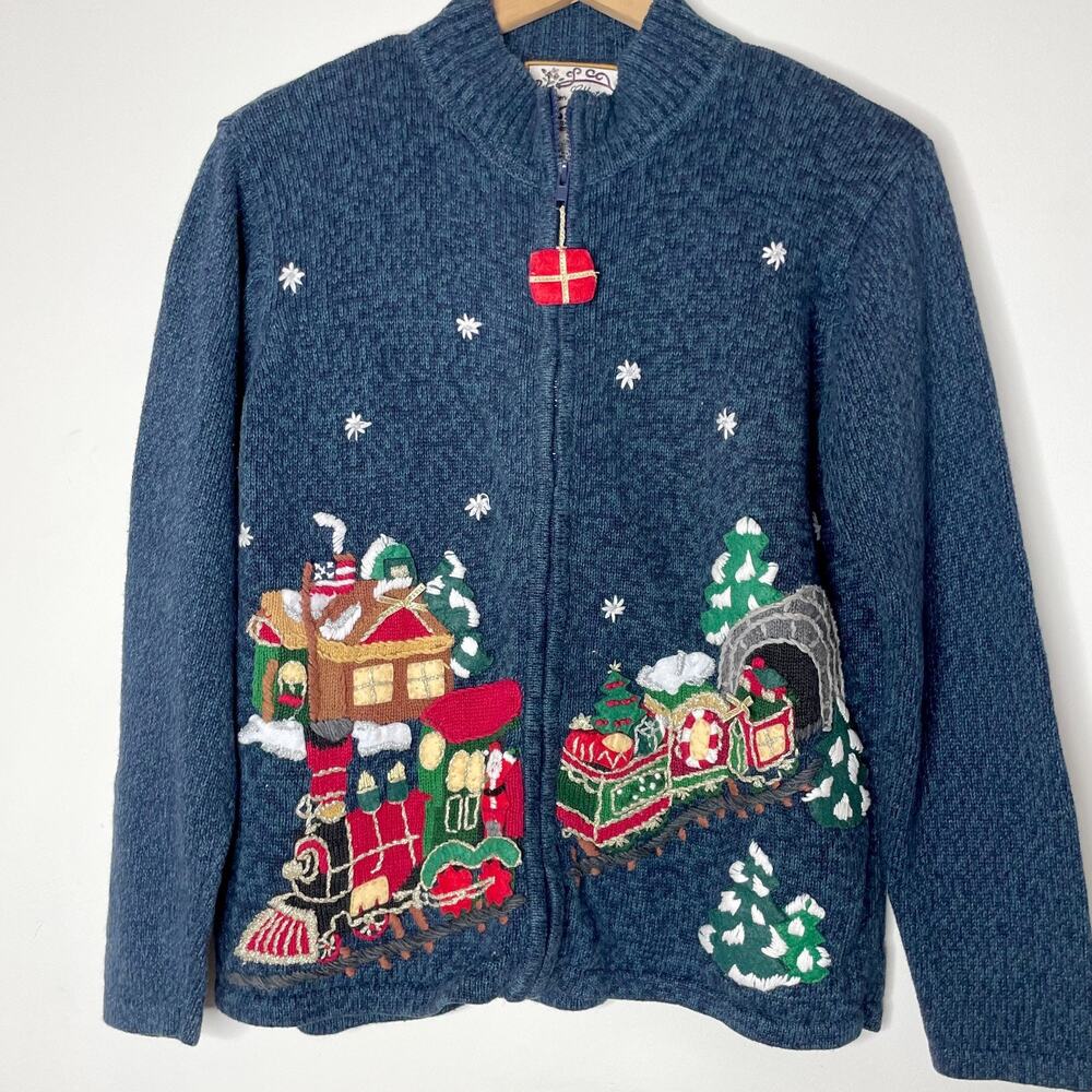 Vintage Y2K Cottagecore Christmas Embroidered Holiday Zip Up Cardigan Sweater S